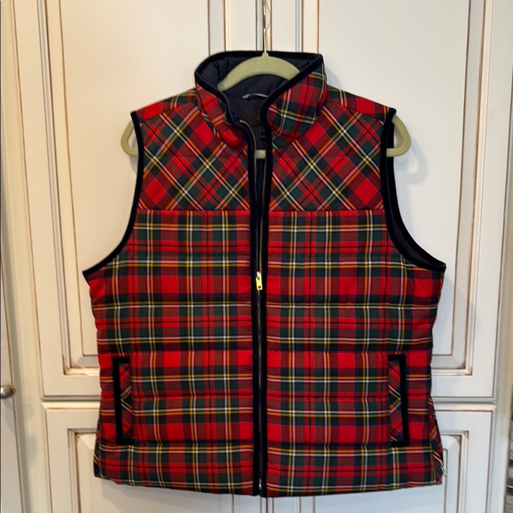 New without tags, J. Crew red and green tartan plaid quilted vest, size XL.